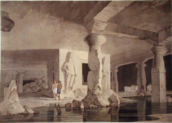 Parte do Templo do Elefanta, placa VIII do "Cenário Oriental", publicado em 1800 (aquatint colorido) de Thomas und William Daniell