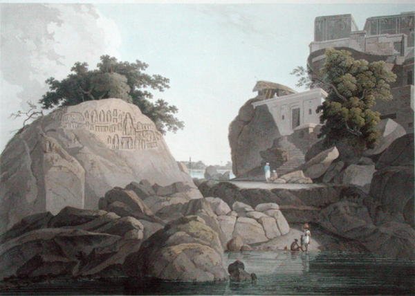 Vista Sudeste da Rocha dos Fakeers no rio Ganges, perto de Sultaungunge, placa X de "Oriental Scenery", publicado em 1800 (aquatint colorido) (ver também 86311) de Thomas und William Daniell
