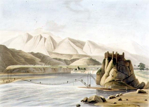 A Ponte de Corda em Sirinagur, placa XXIII da Parte 6 de "Cenário Oriental", pub. 1805 (aquatint) de Thomas und William Daniell