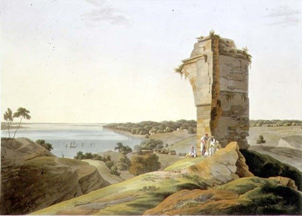 Vista das Ruínas do Forte de Currah, no rio Ganges, placa XXI da Parte 4 do "Cenário Oriental", pub. 1803 (aquatint) de Thomas und William Daniell