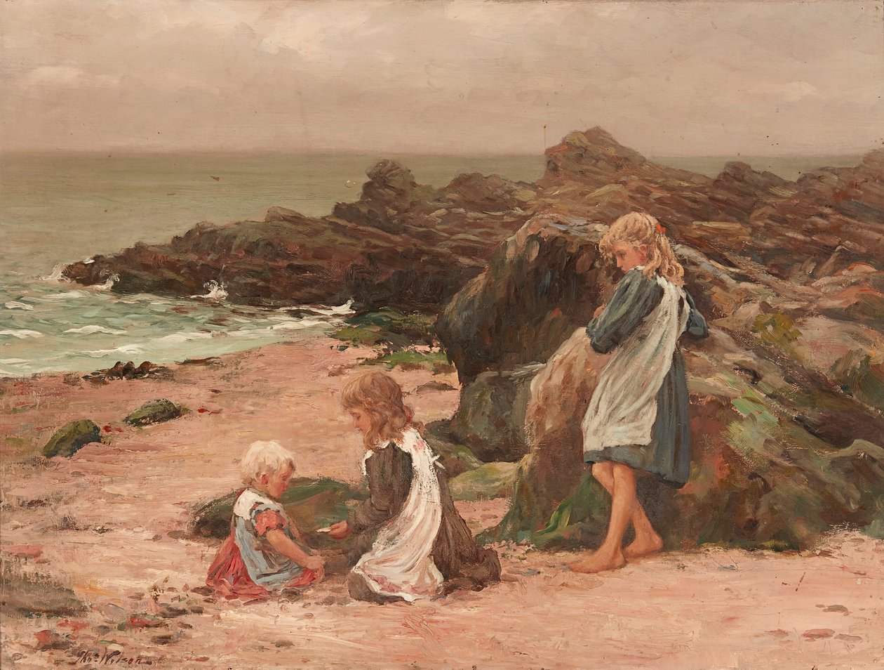 Crianças numa Praia Rochosa (óleo sobre tela) de Thomas Wilson