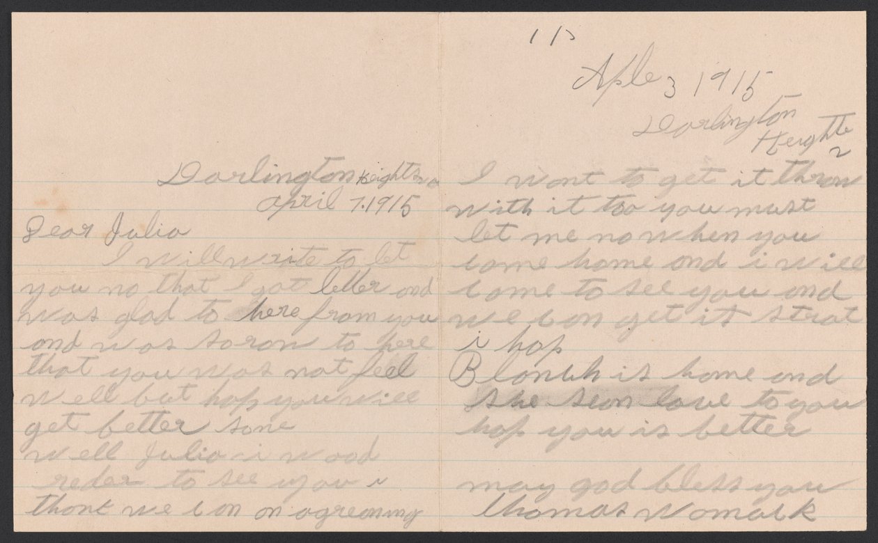 Carta de Thomas Womack para Julia Womack com envelope, 7 de abril de 1915. de Thomas Womack