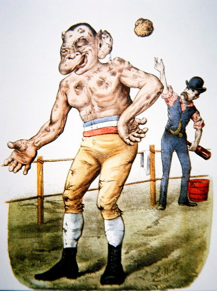 "The Loser" ou "Throwing-in the sponge", desenho animado de luta de prémios publicado por Currier & Ives em 1883 (cor litho) de Thomas Worth