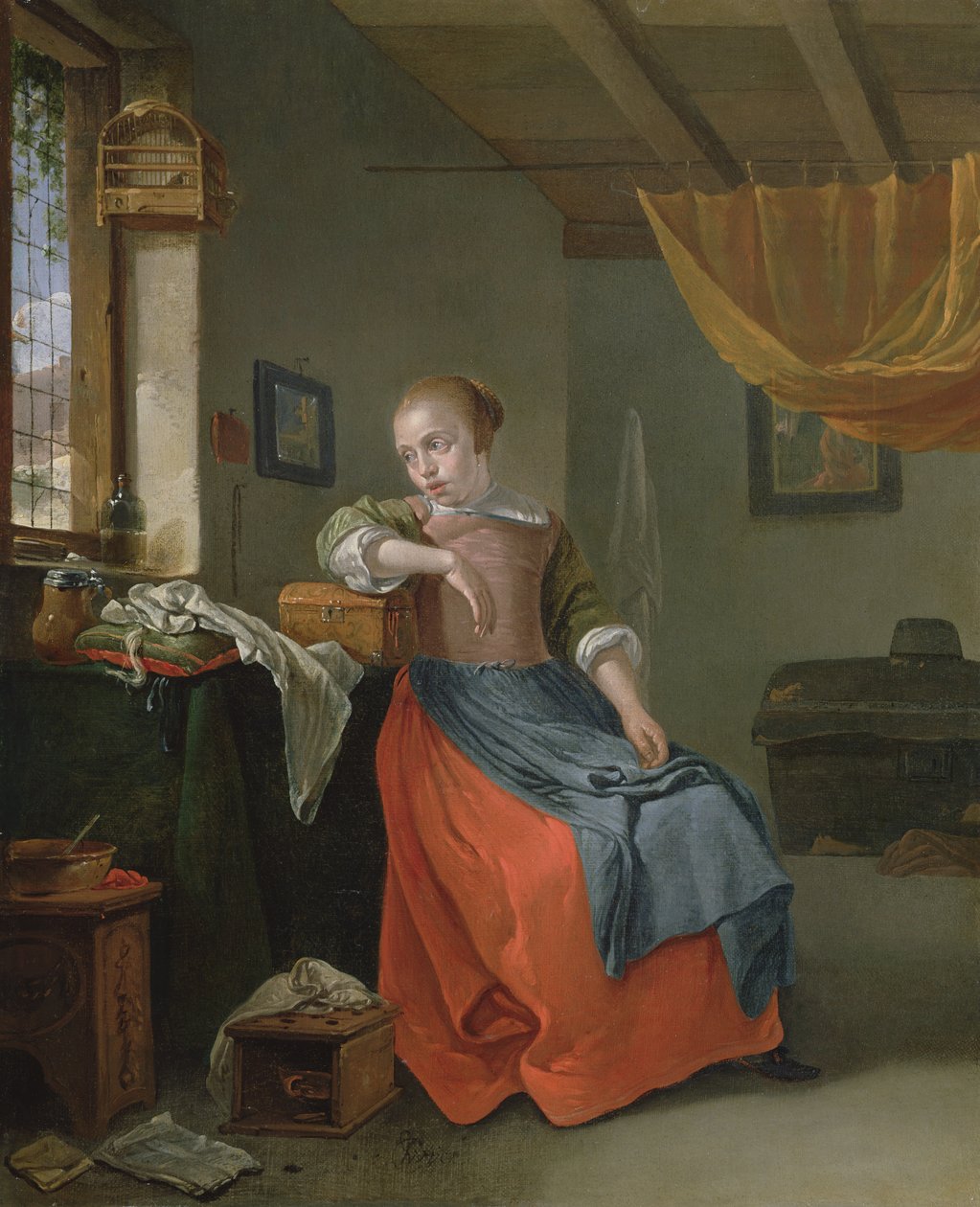 Uma mulher sentada em um Interior Olhando para fora da janela de Thomas Wyck