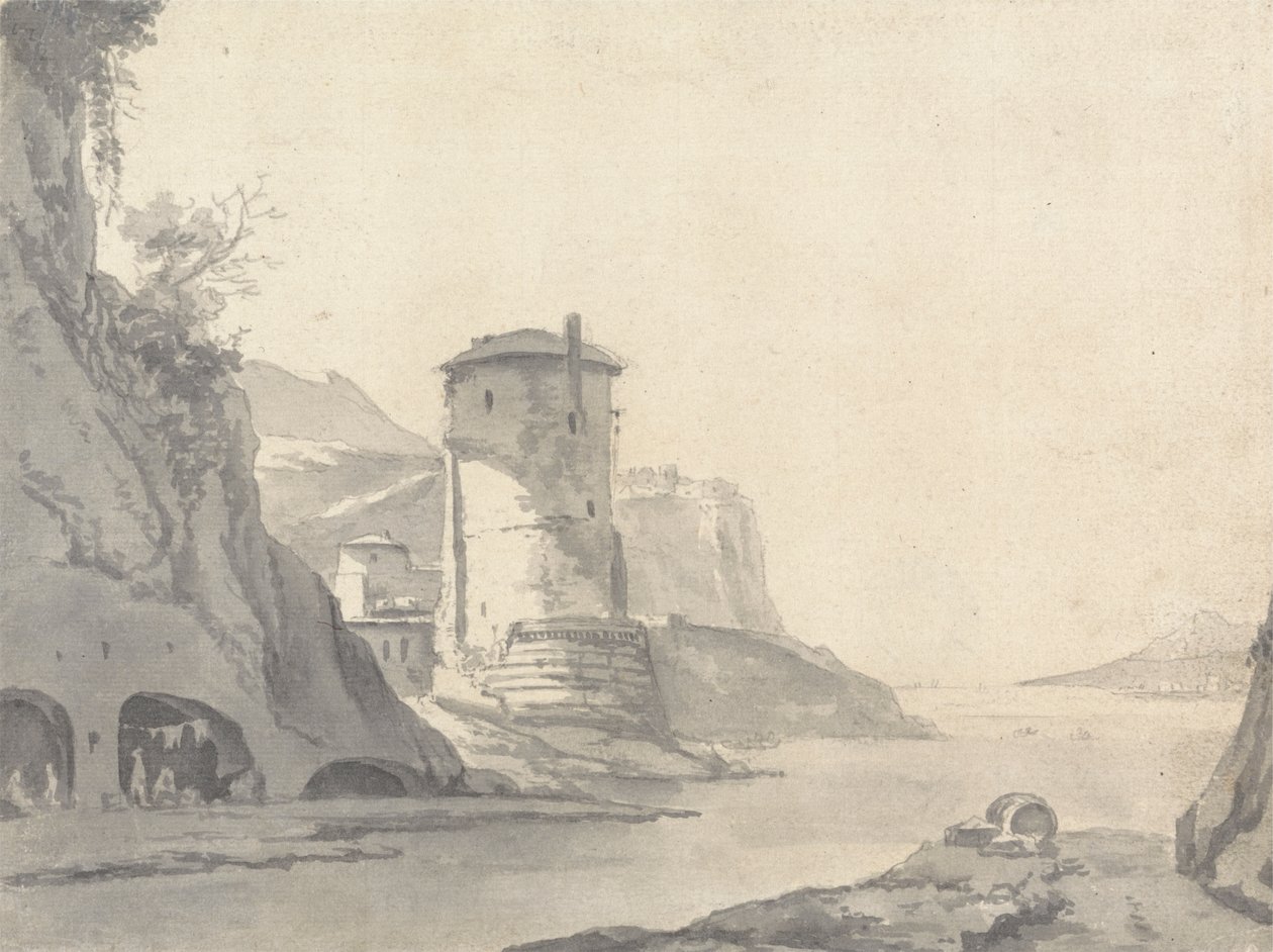 Uma aldeia numa enseada da costa rochosa (italiana ?) com torre redonda na margem esquerda de Thomas Wyck