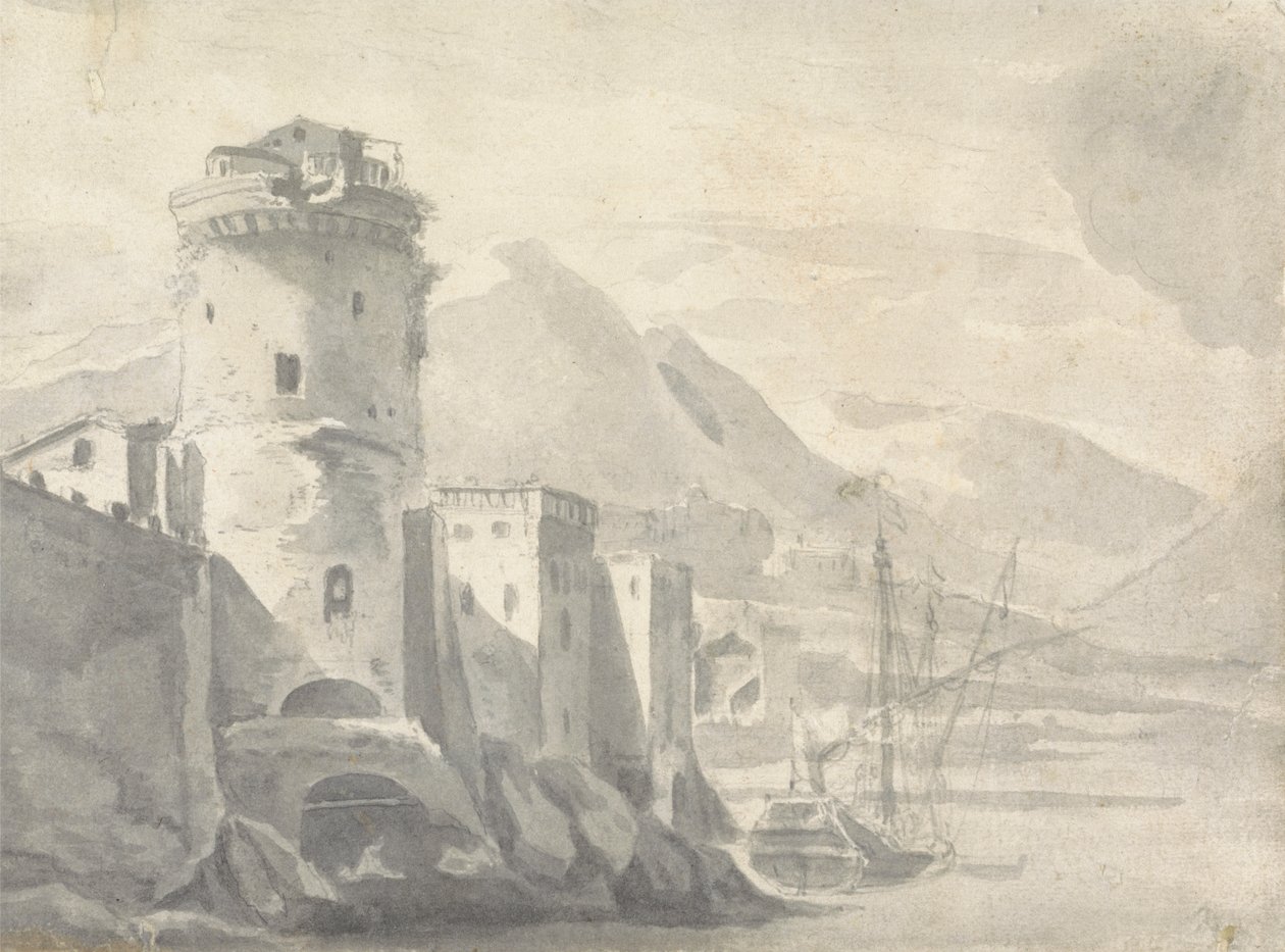 Edifícios fortificados a subir acentuadamente de uma margem do rio (em Itália ?) com centro de barcos e montanhas distantes de Thomas Wyck