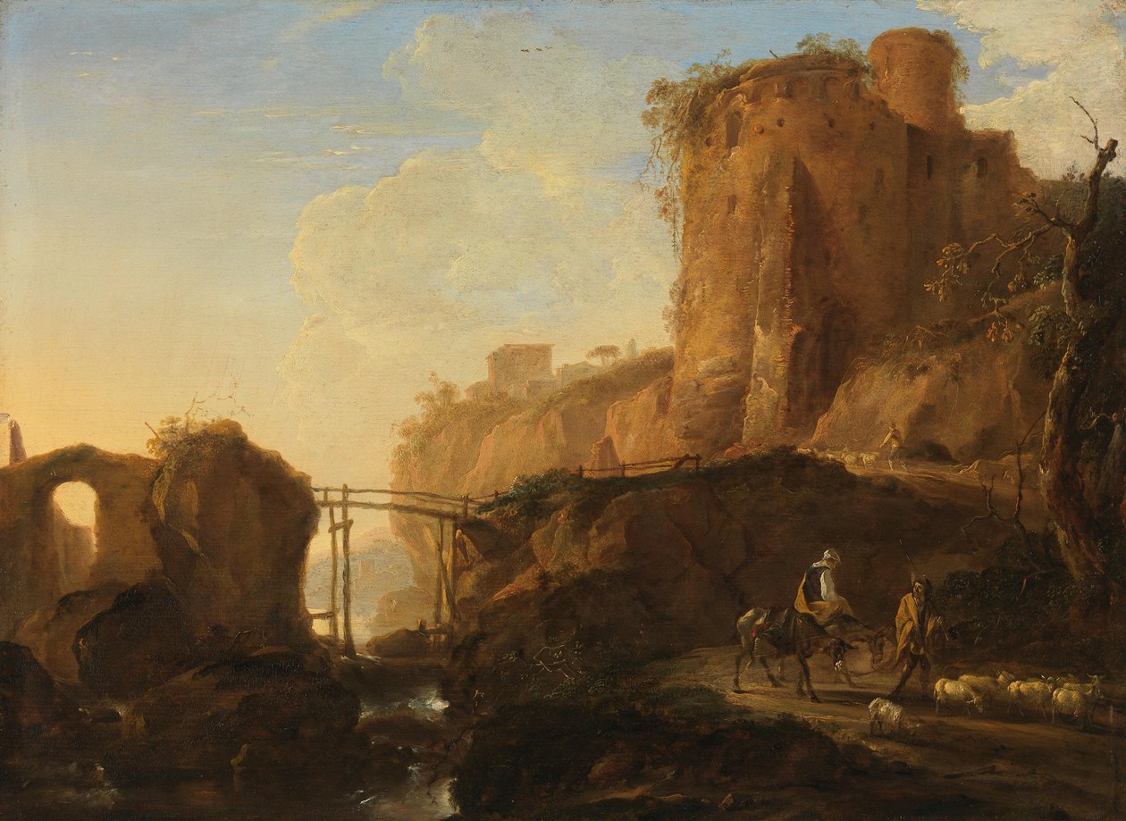 Paisagem italianizante com ponte e ruína de castelo de Thomas Wyck