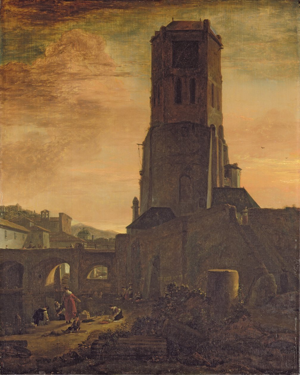 Lavadeiras ao pé de uma torre (óleo sobre painel) de Thomas Wyck