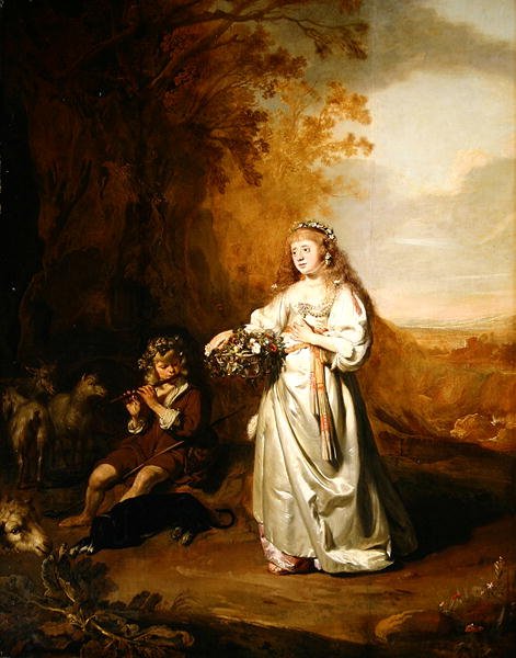 Uma menina e um menino em trajes arcadianos (óleo sobre painel) de Thomas de Keyser