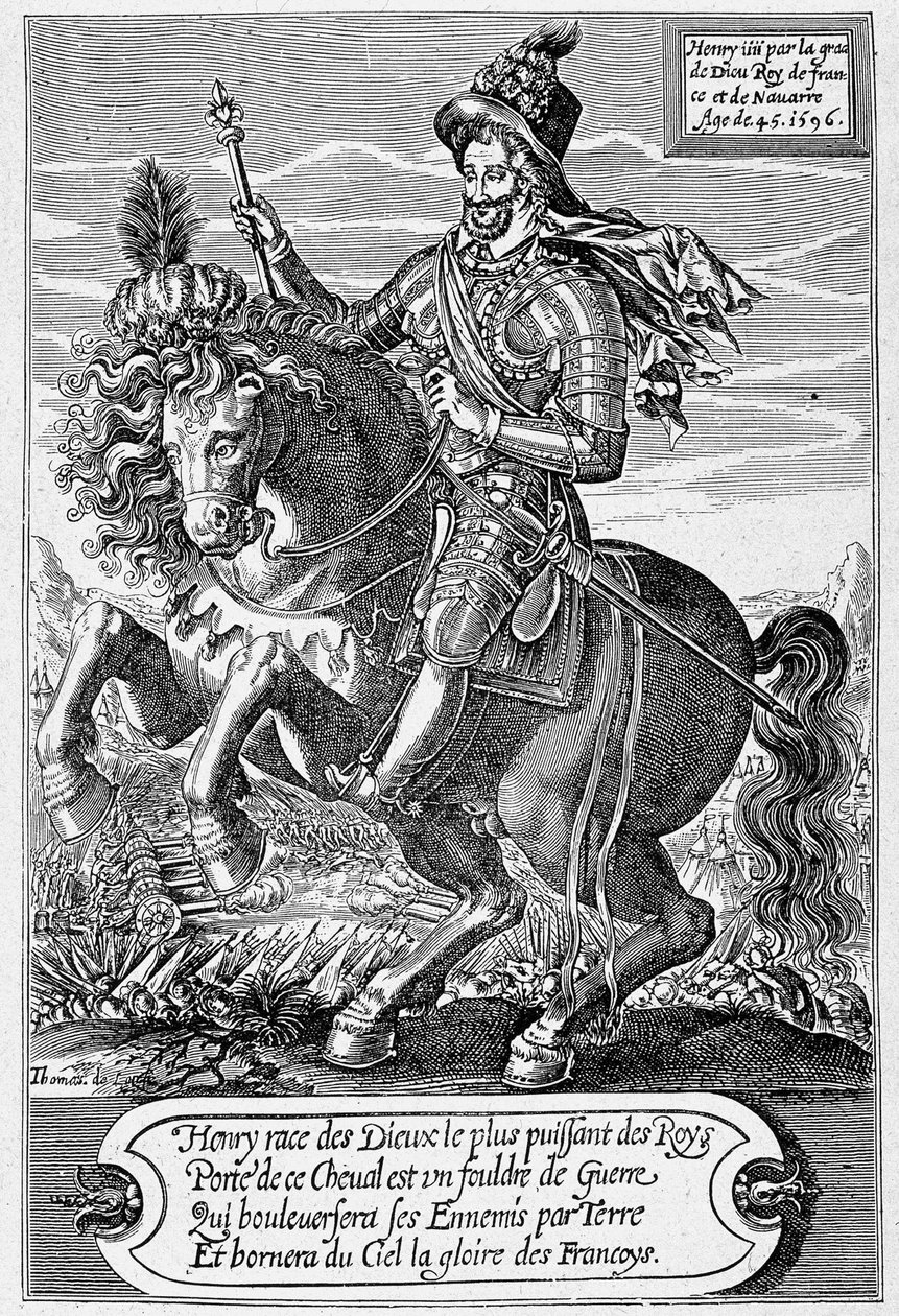 Retrato de Henrique IV (1553 - 1610) (um cavalo) de 45 anos, gravado por Thomas de Leu. de Thomas de Leu