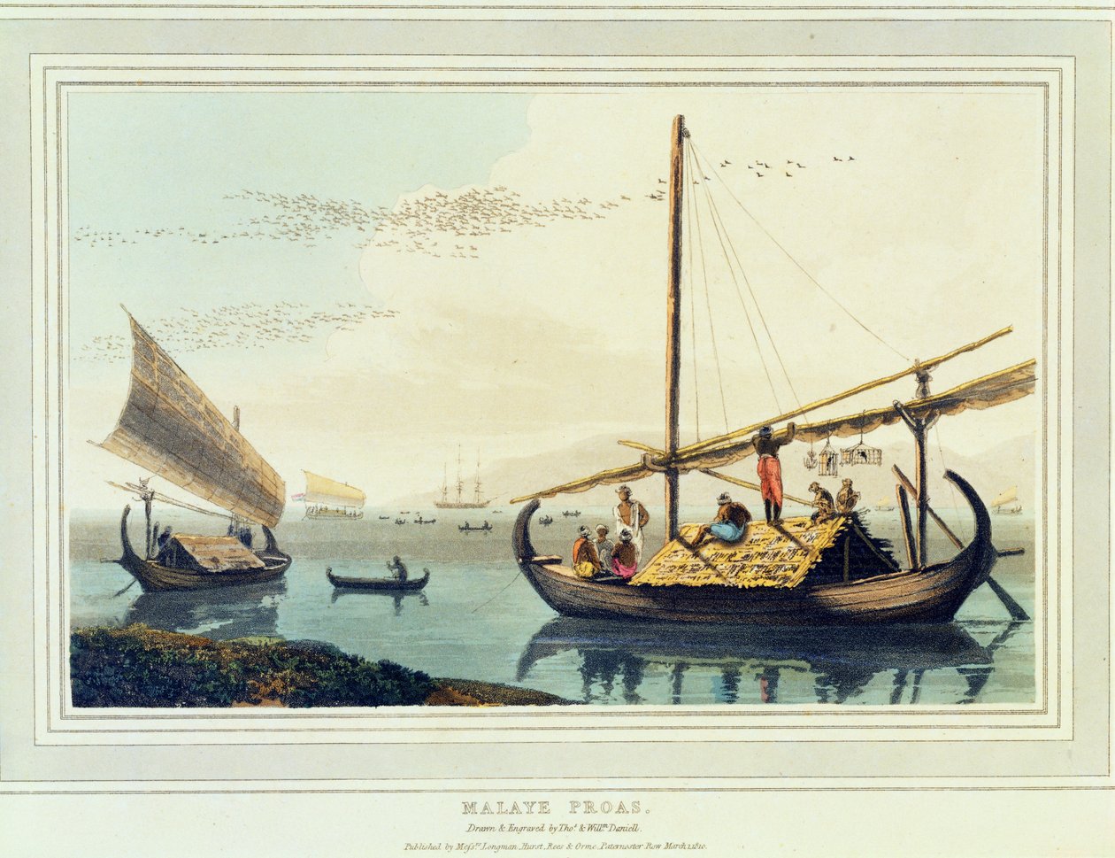 Malaye Proas, prato 17 de &39;Uma viagem pitoresca à Índia&39;, 1810 (aquatint) de Thomas und William Daniell