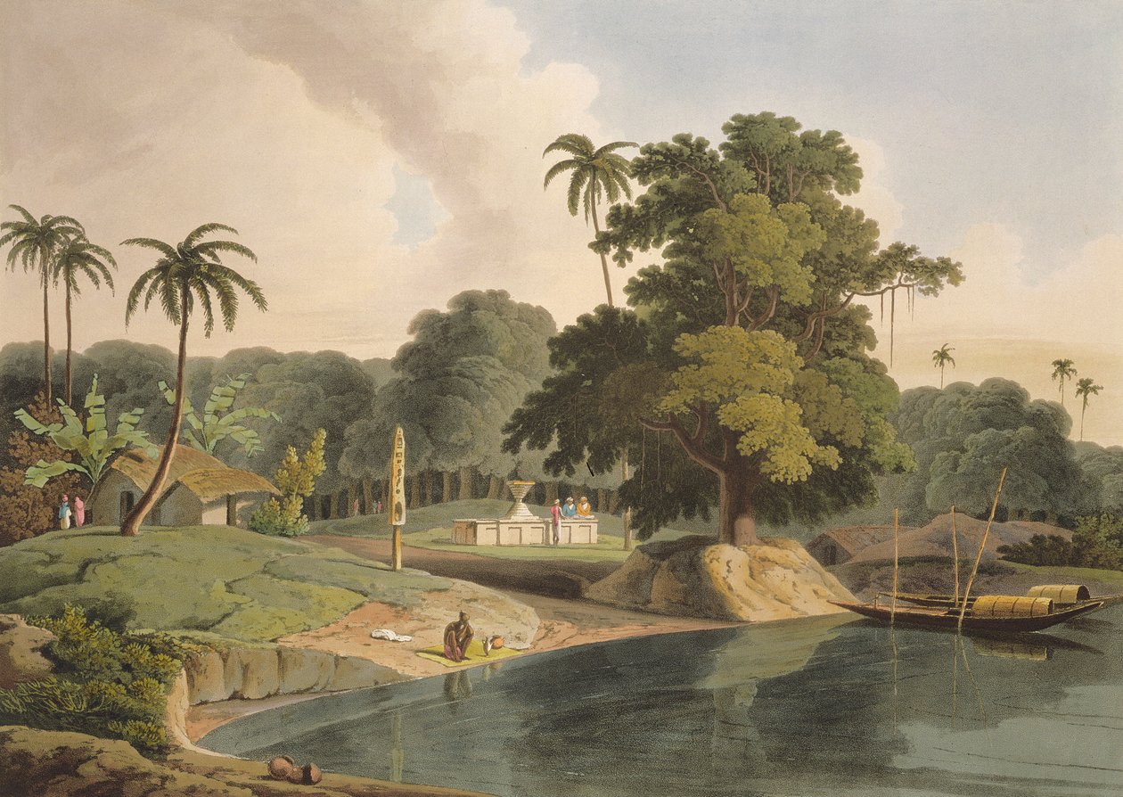 Perto de Bandell no rio Hoogly, placa VIII da parte 6 de &39;Oriental Cenário&39;, pub. 1804 (aquatinta) de Thomas und William Daniell