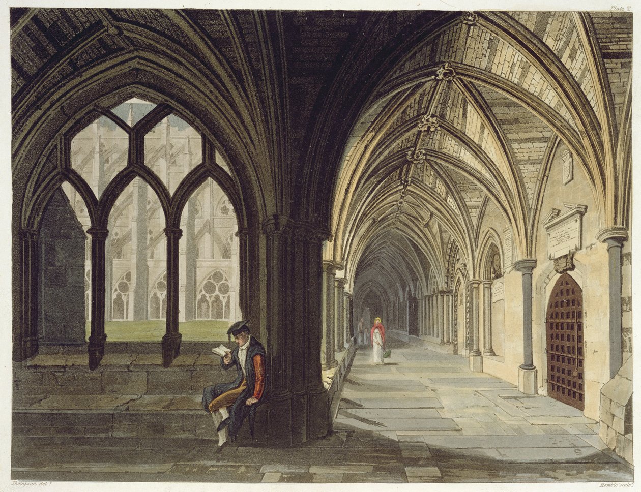 Ângulo do sudeste dos claustros, placa T da abadia de Westminster, gravada pelo bar de JR Hamble (fl.1775-1825). por Rudolph Ackermann (1764-1834) 1812 (aquatinta) de Thompson