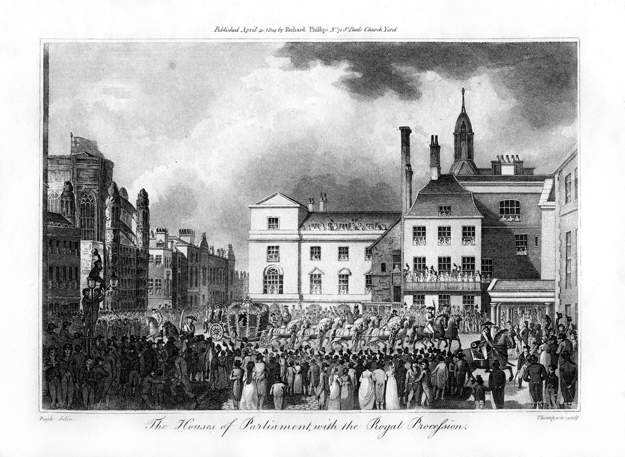 A Casa do Parlamento, com a Procissão Real, Londres, 1804. de Thompson