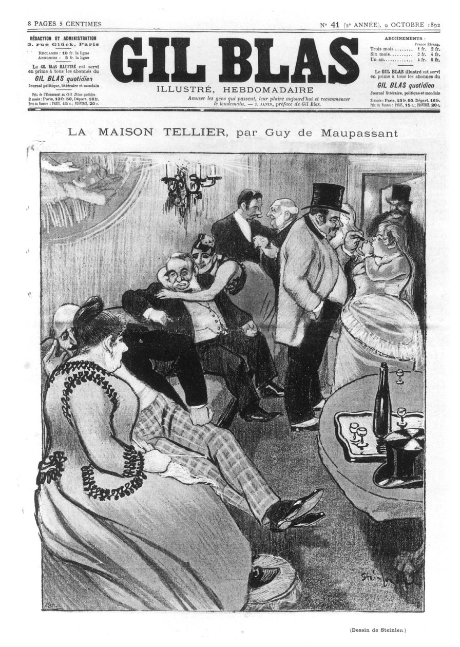 Ilustração para &39;La Maison Tellier&39; de Guy de Maupassant (1850-93), capa de &39;Gil Blas&39;, 9 de outubro de 1892 (ver 170903 para detalhes) de Théophile Alexandre Steinlen