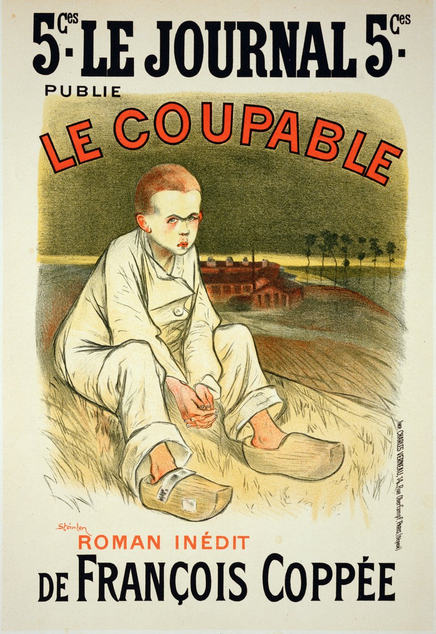 Reprodução de um cartaz publicitário do romance &39;Le Coupable&39;, de François Coppee, publicado em &39;Le Journal&39;, 1896 de Théophile Alexandre Steinlen