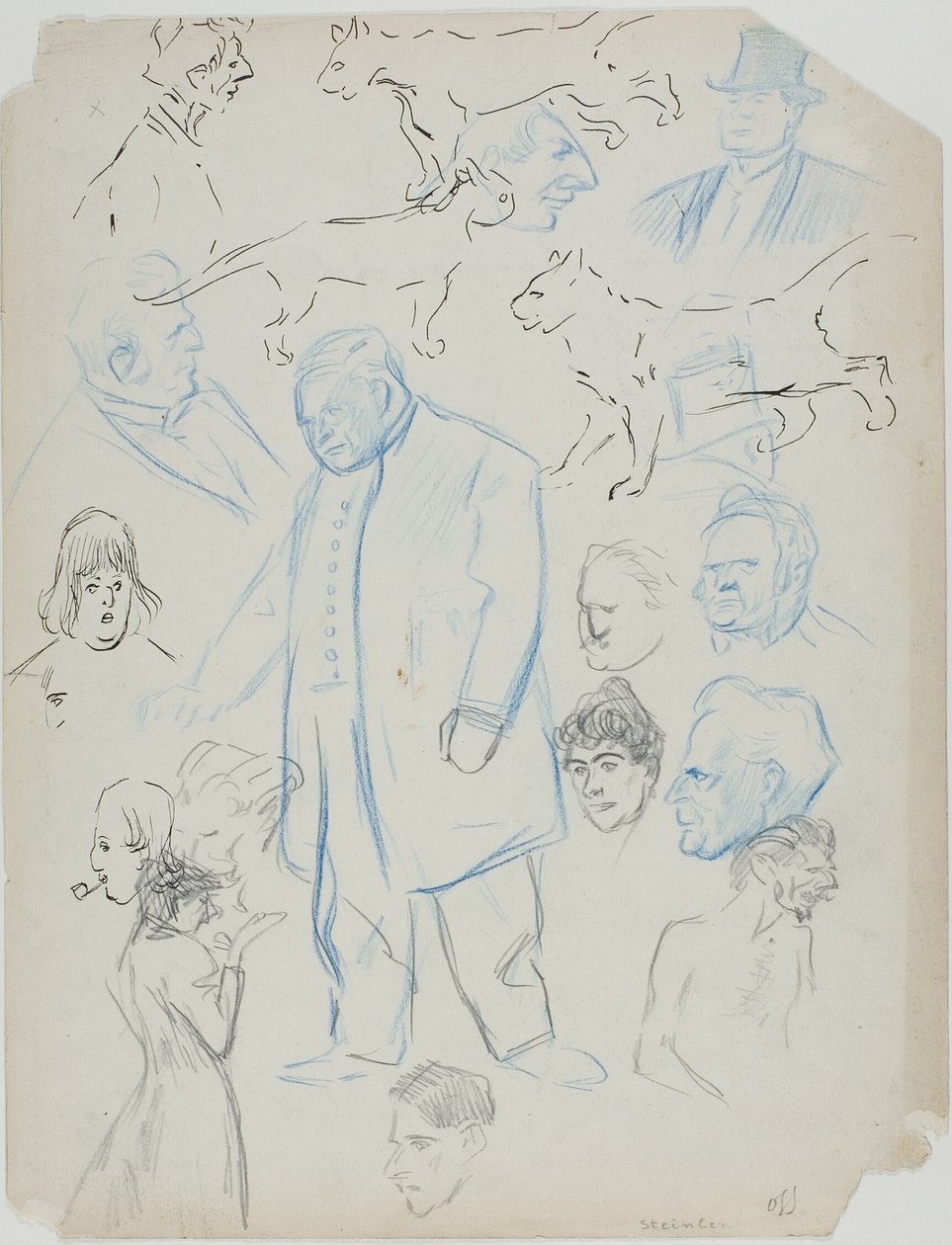 Folha de esboços: Homens, Mulheres e Gatos (anverso); Folha de Esboços: Homens e mulheres (verso) de Théophile Alexandre Pierre Steinlen
