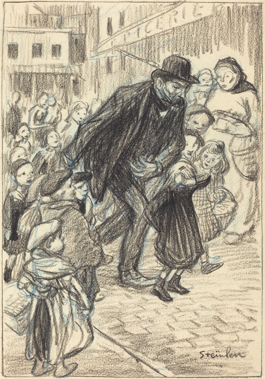Um homem em uma rua da cidade, cercado por crianças em Père, final do século 19 e início do século 20. de Théophile Alexandre Steinlen