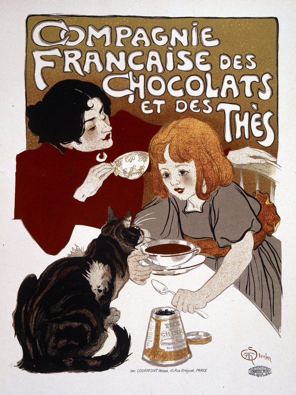 Publicidade da "Compagnie francaise des chocolats et des chás", de Steinlen, deb. Século XX de Théophile Alexandre Steinlen