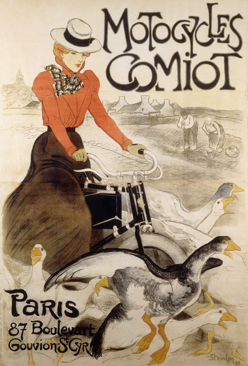 Um cartaz publicitário para "Motorcycles Comiot", 1899 de Théophile Alexandre Steinlen