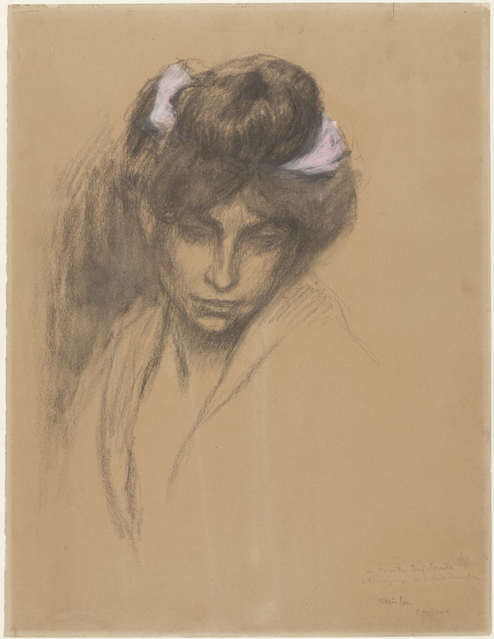 Cabeça de menina escura, olhando para a frente, com uma fita roxa enrolada no seu cabelo de Théophile Alexandre Steinlen