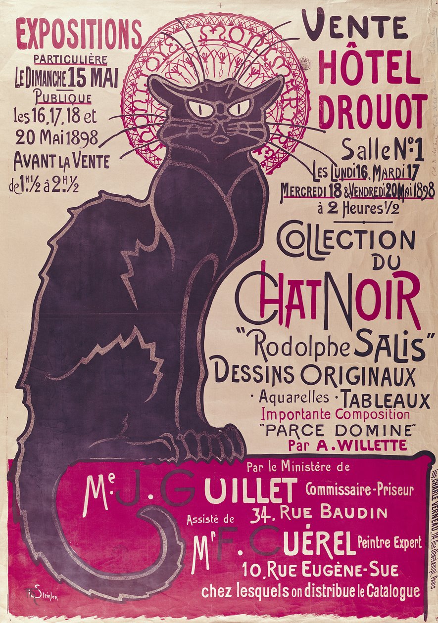 Cartaz publicitário de uma exposição do cabaré &39;Collection du Chat Noir&39; no Hotel Drouot, Paris, maio de 1898 de Théophile Alexandre Steinlen