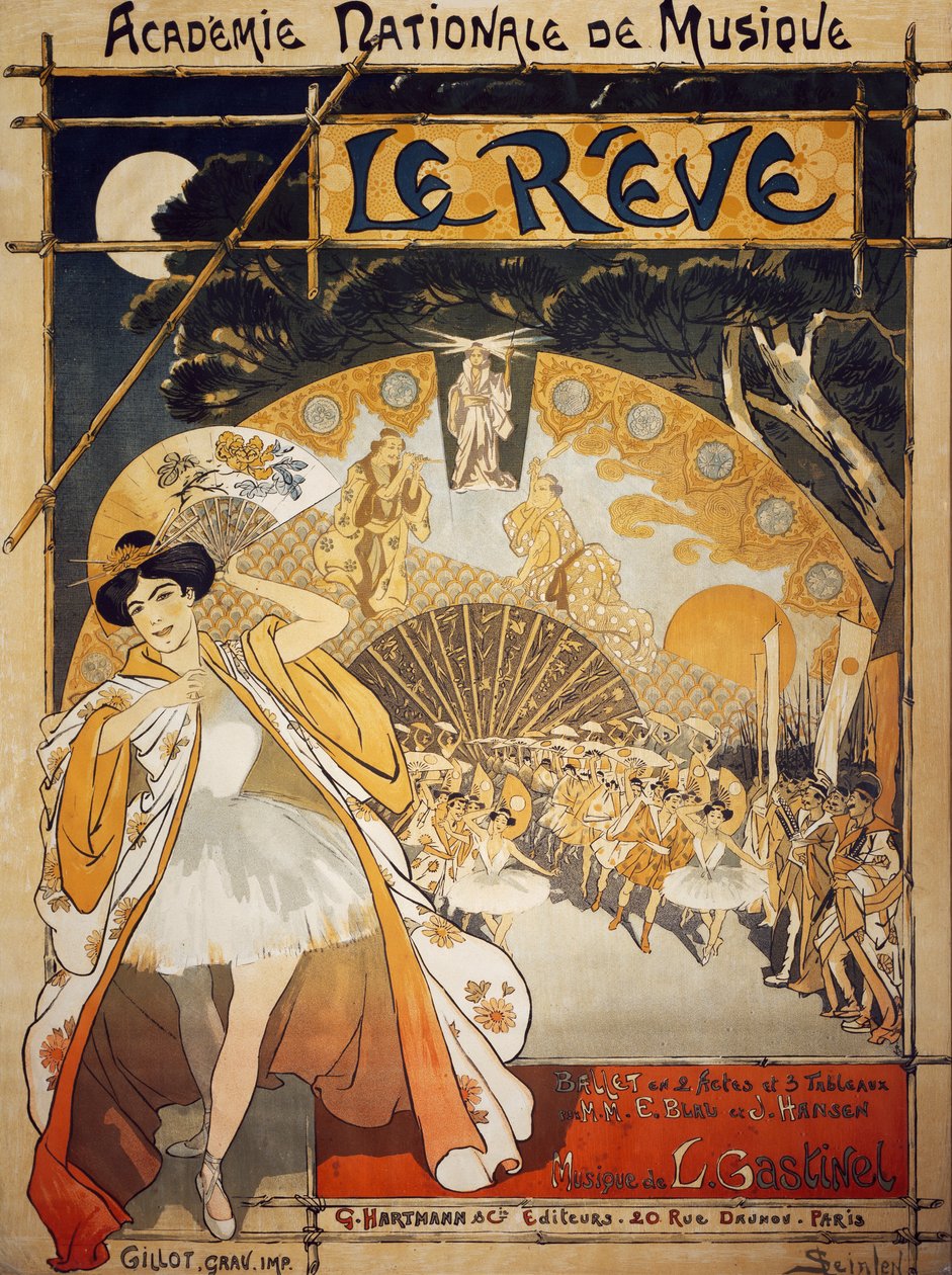 Cartaz para Le Reve, ballet de Alfred-Edouard Blau e Joseph Hansen, música de Leon Gastinel, Academie Nationale de Musique, Paris, Publicado por Hartmann, Paris de Théophile Alexandre Steinlen