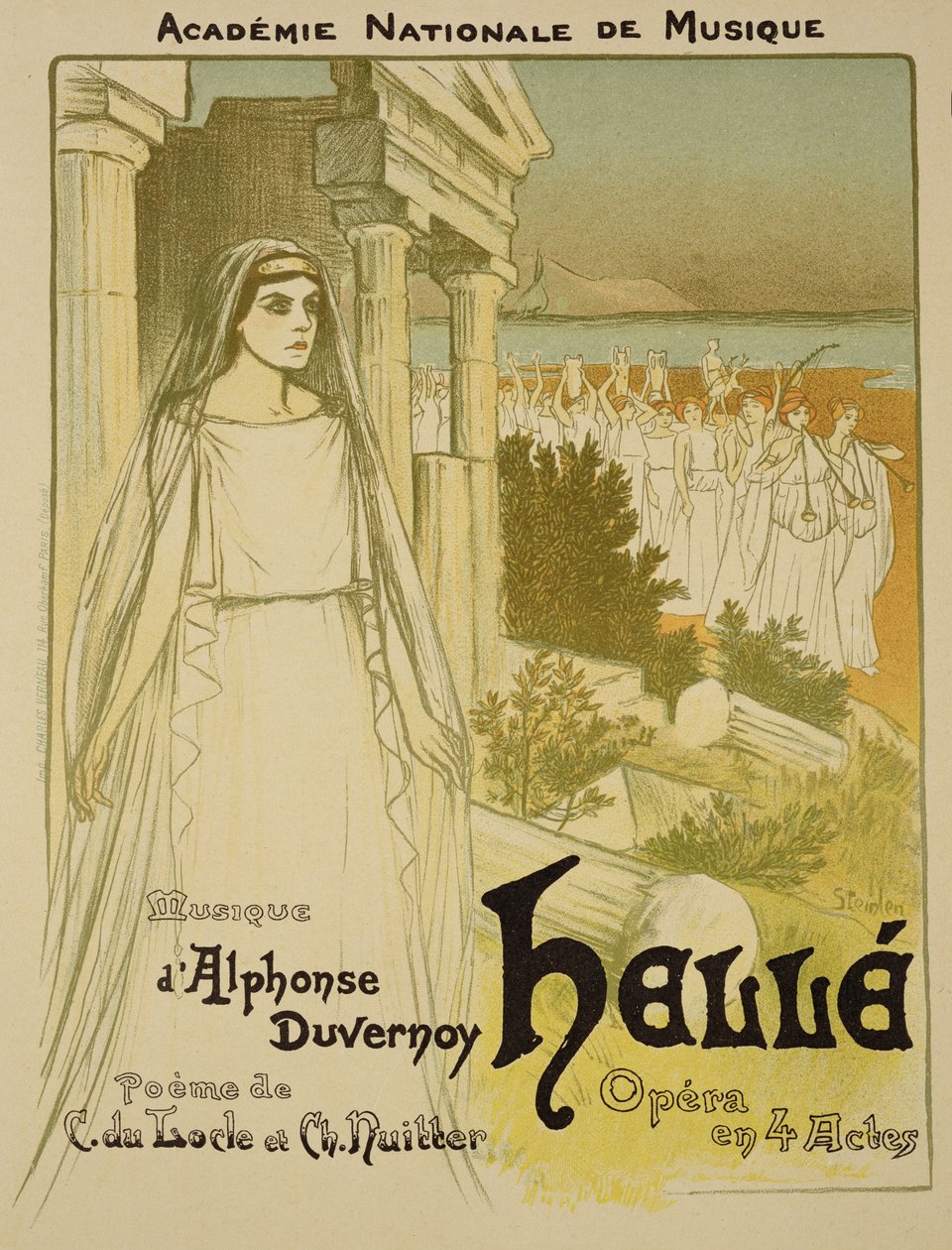 Reprodução de um cartaz publicitário da ópera &39;Helle&39;, realizado pela Academie Nationale de Musique, 1896 de Théophile Alexandre Steinlen