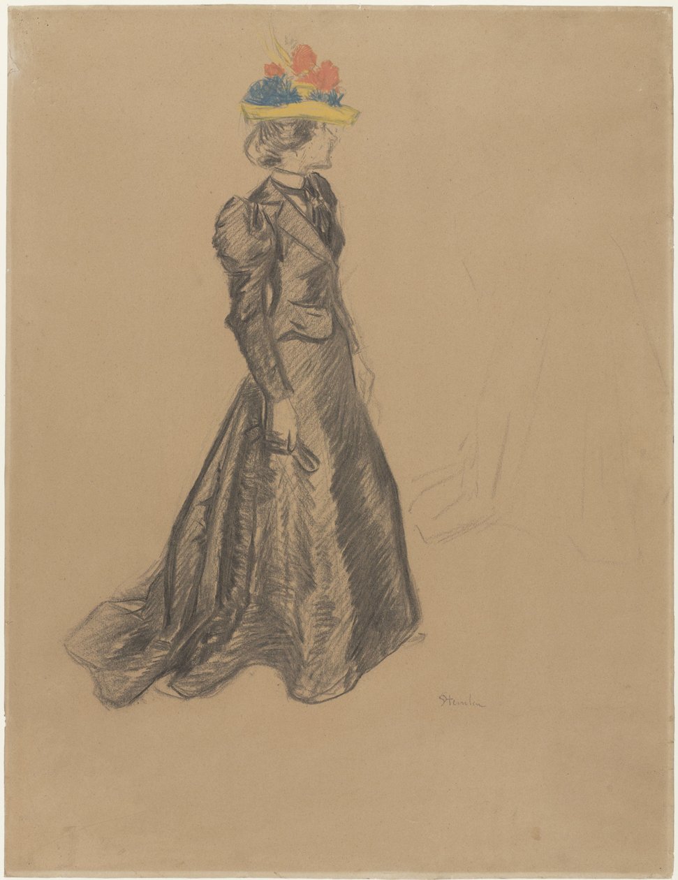 Senhora em pé de preto completo com trem e um chapéu de palha colorido com flores de verão de Théophile Alexandre Steinlen