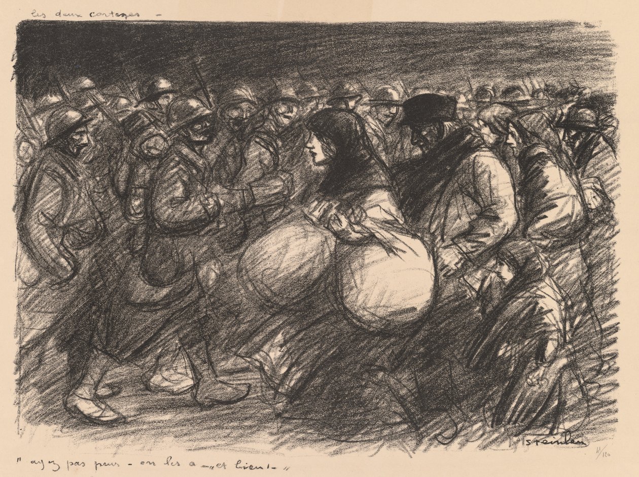 Sketches de guerre: Les deux cortèges - "Ayez pas peur - on les a - et bien!" (Esboços de guerra: As duas procissões) de Théophile Alexandre Steinlen