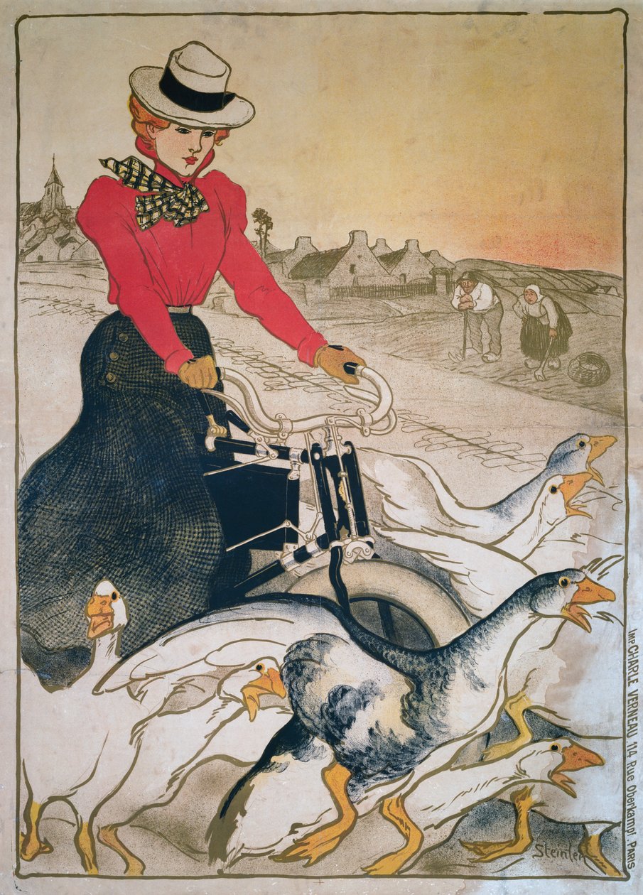 Mulher em velocipede motorizado e grupo de gansos de Théophile Alexandre Steinlen