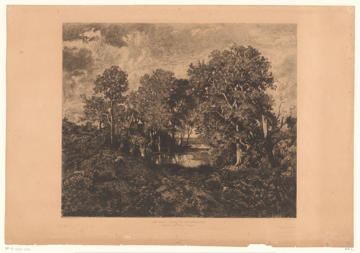 Vista da floresta de Fontainebleau com uma figura por uma poça Une Mare - Forêt de Fontainebleau. (título no objeto) de Théophile Chauvel