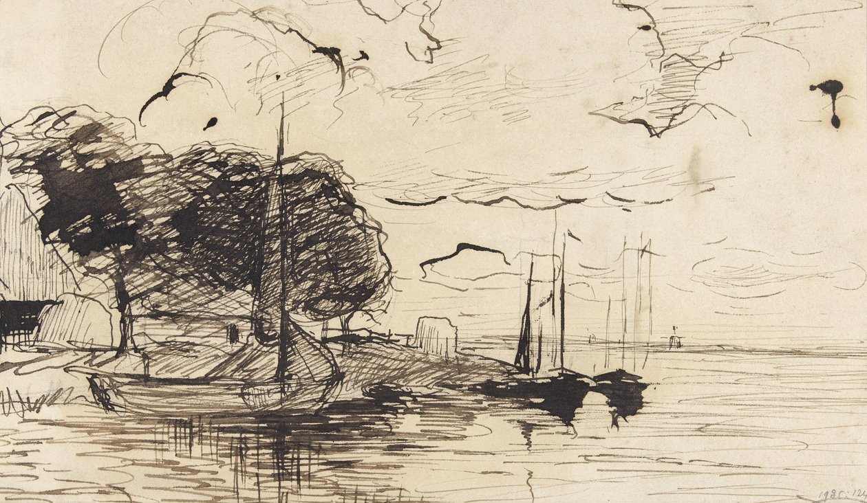 Banco com celeiro e navios à vela de Théophile de Bock (possibly)