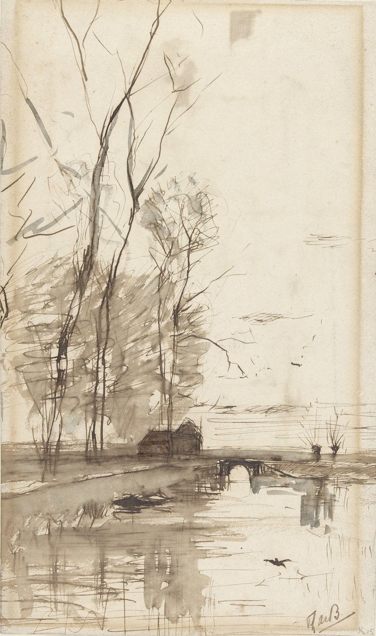 Vista do canal com árvores altas, uma fazenda e uma ponte de Théophile de Bock (possibly)