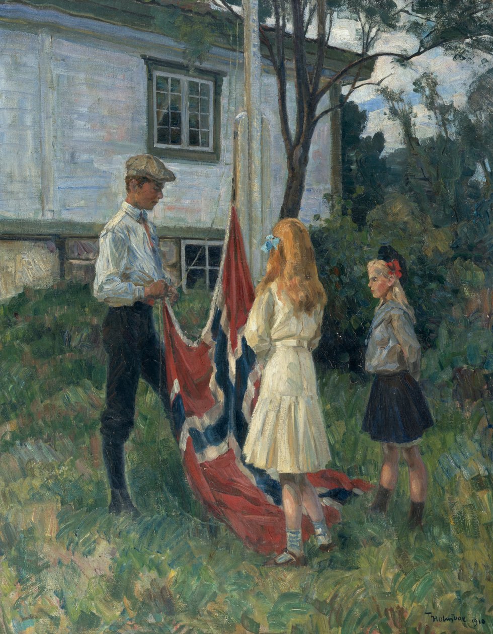 Crianças levantam a bandeira norueguesa de Thorolf Holmboe