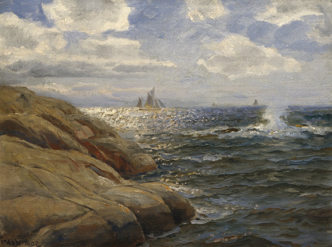 Paisagem costeira com barcos à vela (pintura) de Thorolf Holmboe