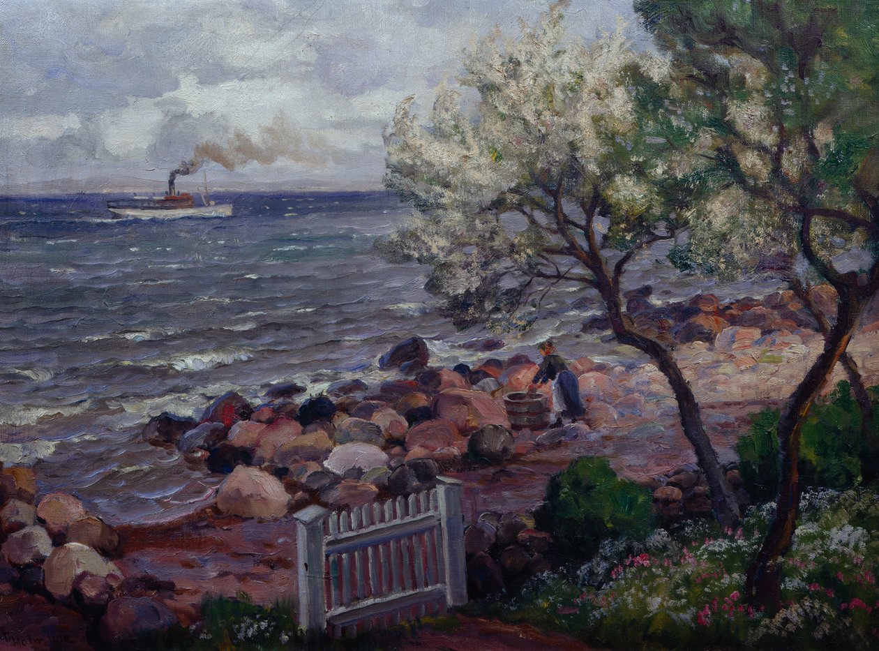 Paisagem de verão com portão de jardim e mulher (óleo sobre tela) de Thorolf Holmboe