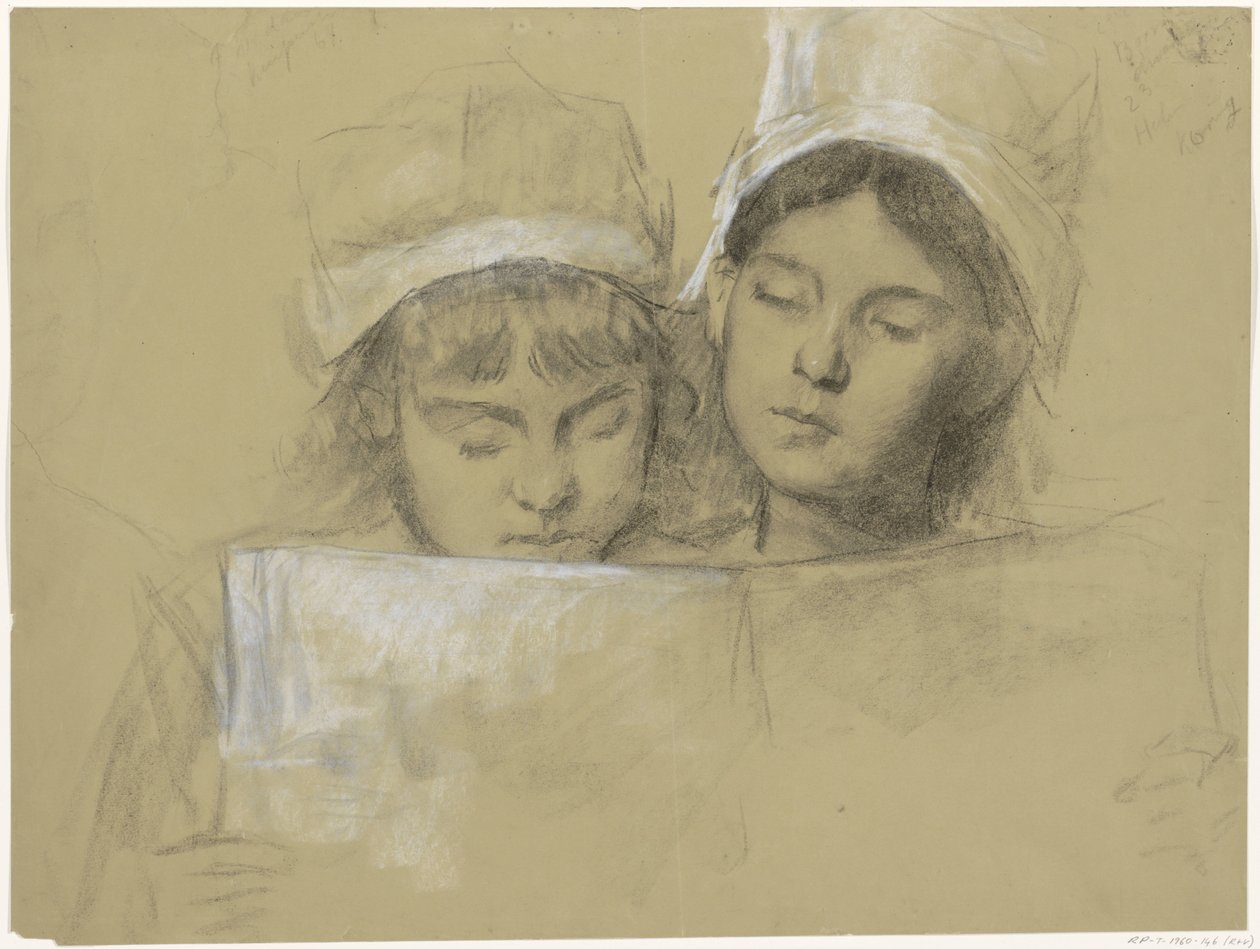 Duas raparigas de boné branco, lendo num livro de Thérèse Schwartze