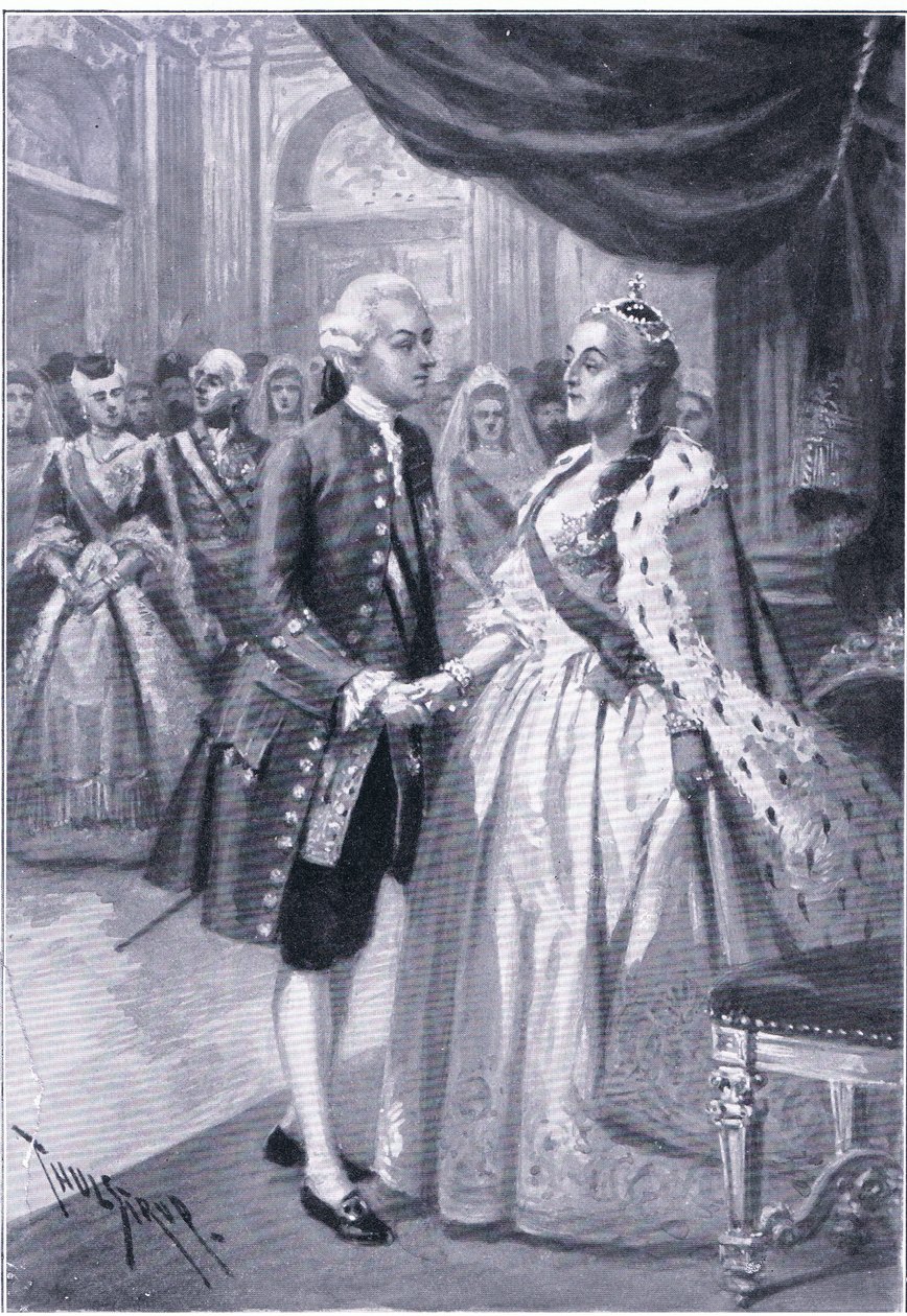 Encontro de Catarina II da Rússia e José II da Áustria, ilustração de Landmarks in European History publicada pela Gresham Publishing Co, c.1920 (litho) de Thure de Thulstrup