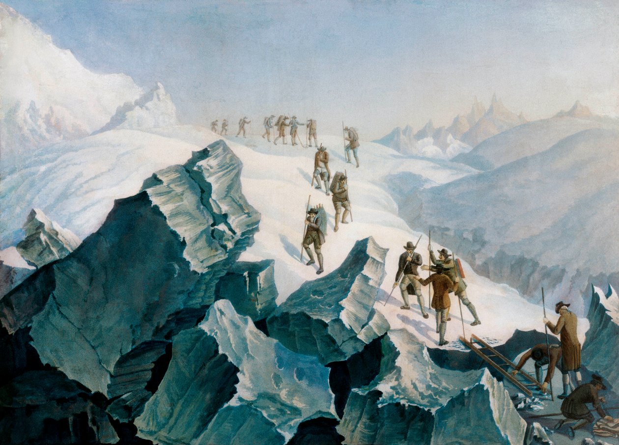 Descendência de Horace Benedict de Saussure, seu filho e guias no Mont Blanc, Ago. 1787 de Tiberius Dominikus Wocher