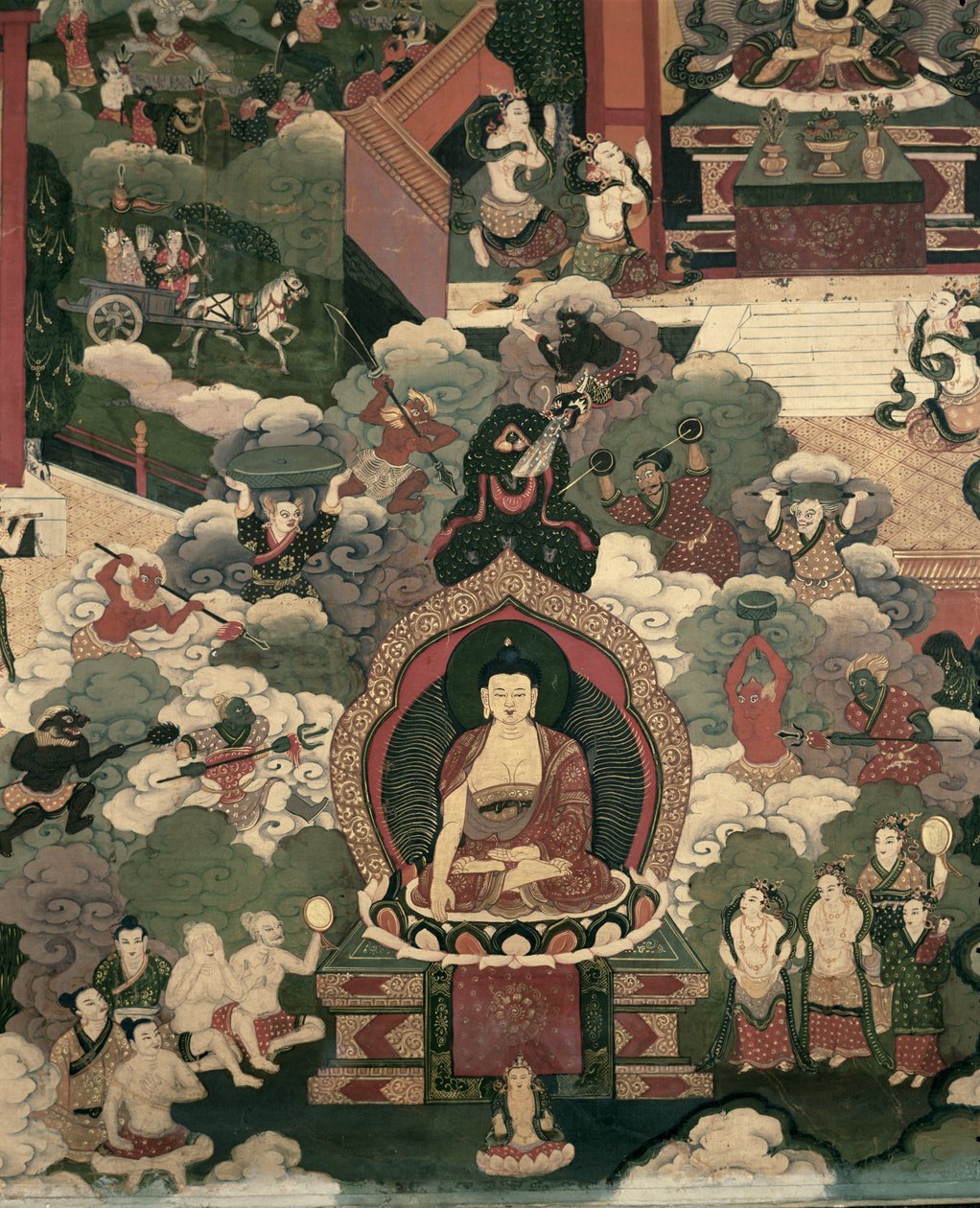 Vida de Buda Sakymuni, os Exércitos de Mara Atacando o Abençoado (pintura em seda) de Tibetan School