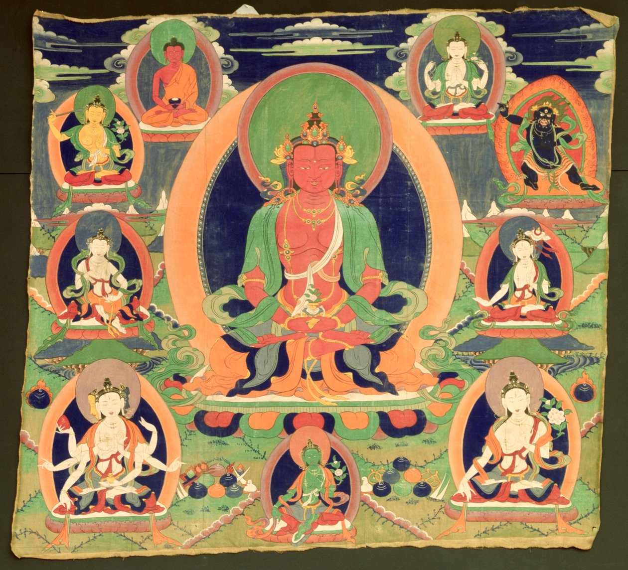 Pintura de Thanghka mostrando Amitayus de Tibetan School