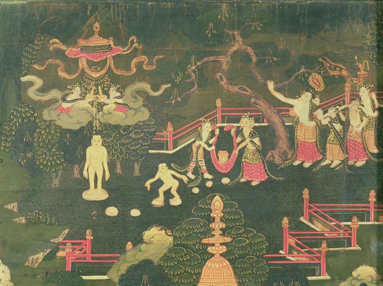 A vida de Buda Shakyamuni, detalhe de sua infância de Tibetan School