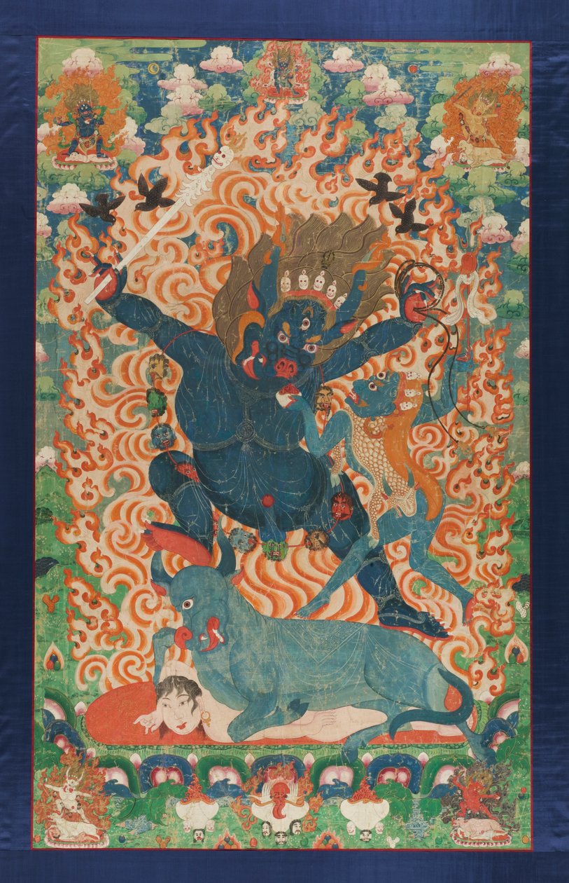Yama e Yami, c.1700 (pigmentos minerais e ouro em tecido de algodão) de Tibetan School