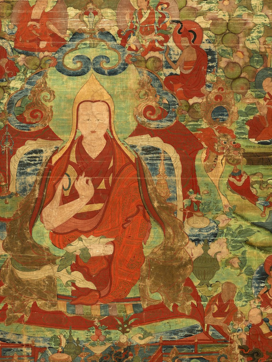 Detalhe do terceiro Panchen Lama Losan Penden Yeshe (guache no pano) de Tibetan School