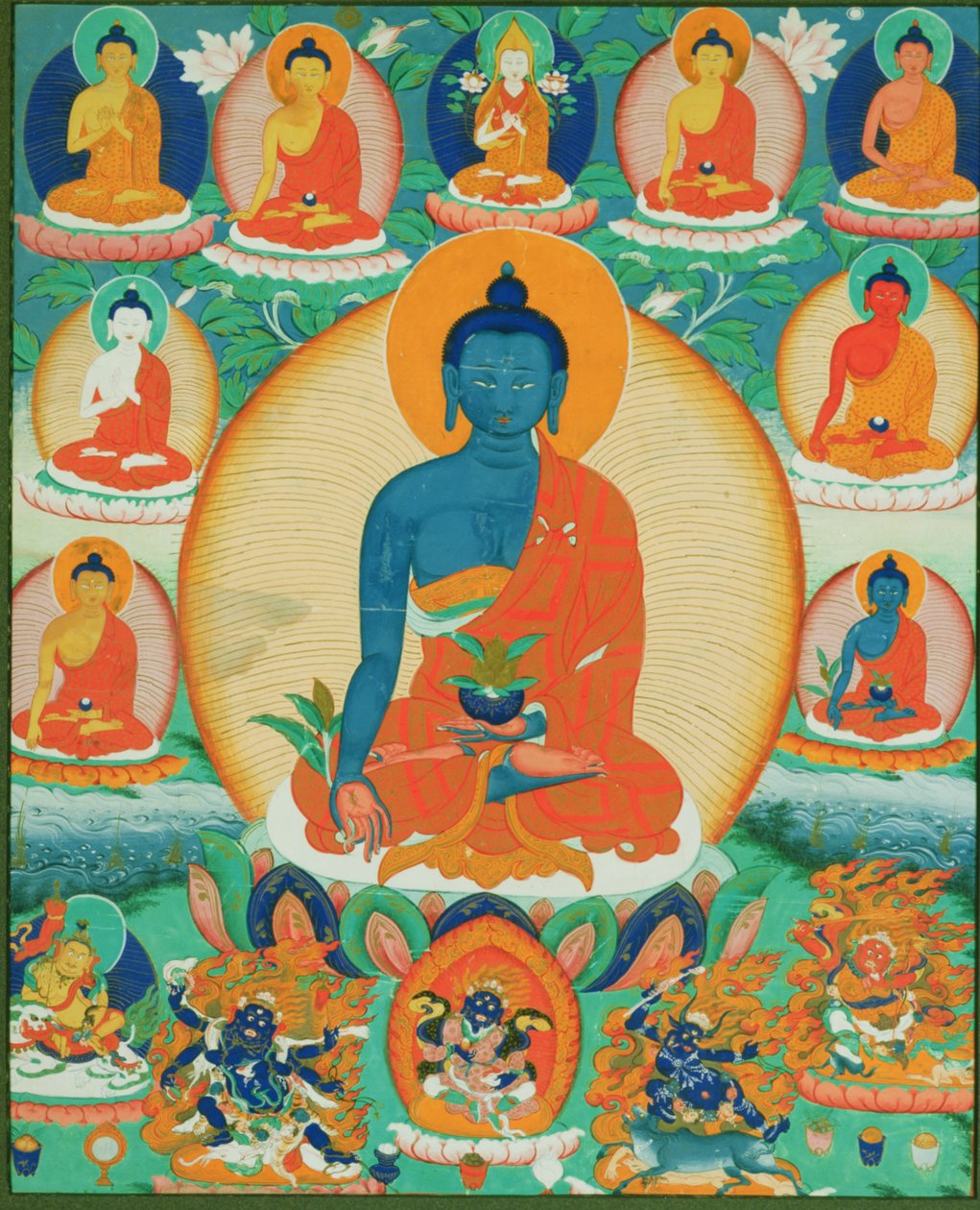 Pintura de Thangka representando o Baishajyaguru, Menla com sete outros Medicine Buddhas, 1780-1880 (papel) de Tibetan School