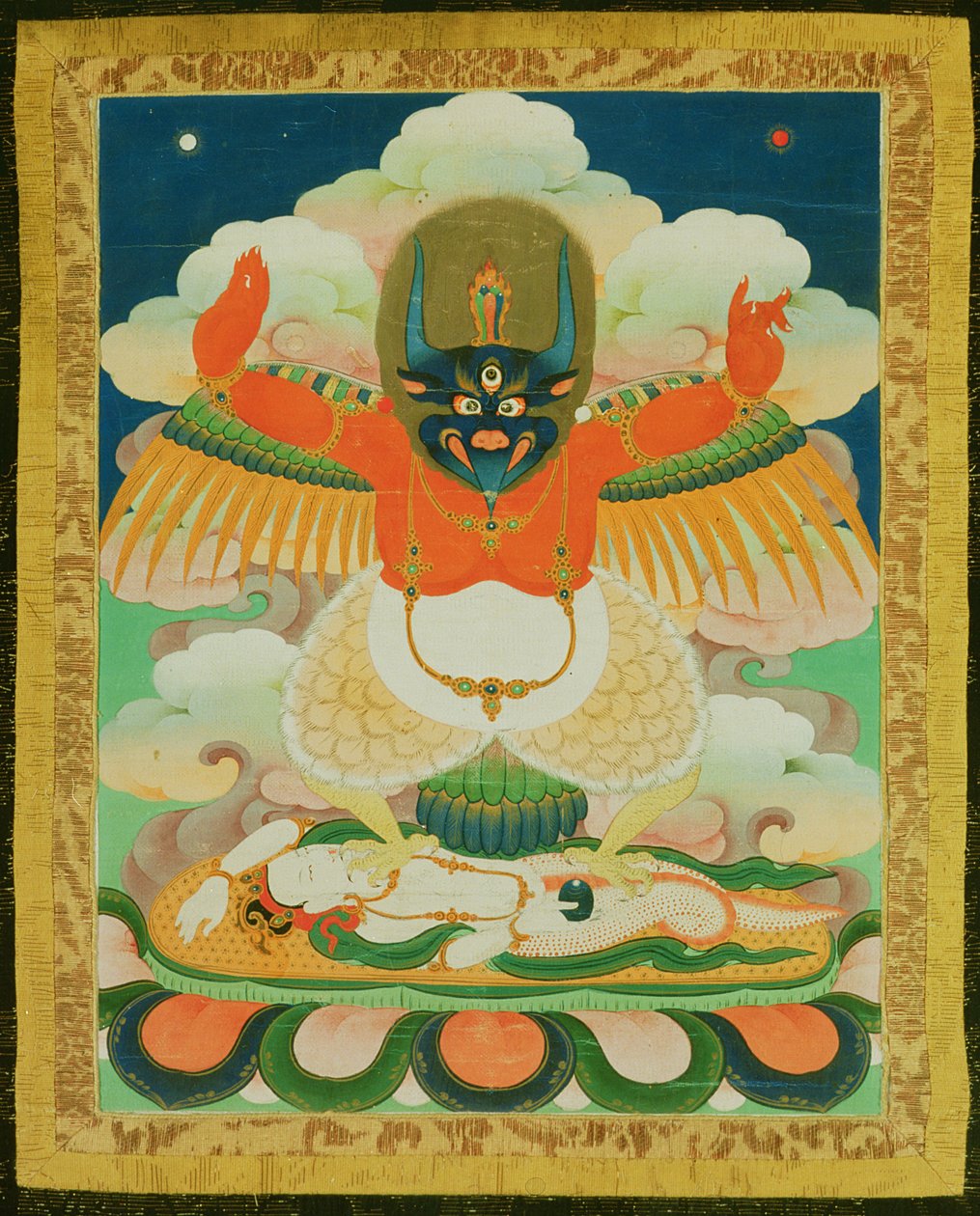 Pintura de Thangka de Garuda atropelando um nagad moribundo (pano) de Tibetan School
