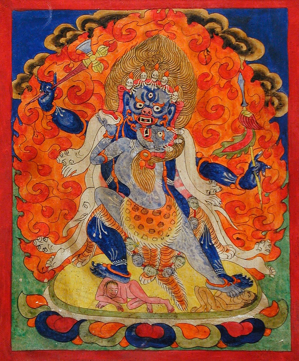 Uma divindade aterrorizante em Yab-Yum, século XIX (pigmentos minerais em tecido de algodão) de Tibetan School