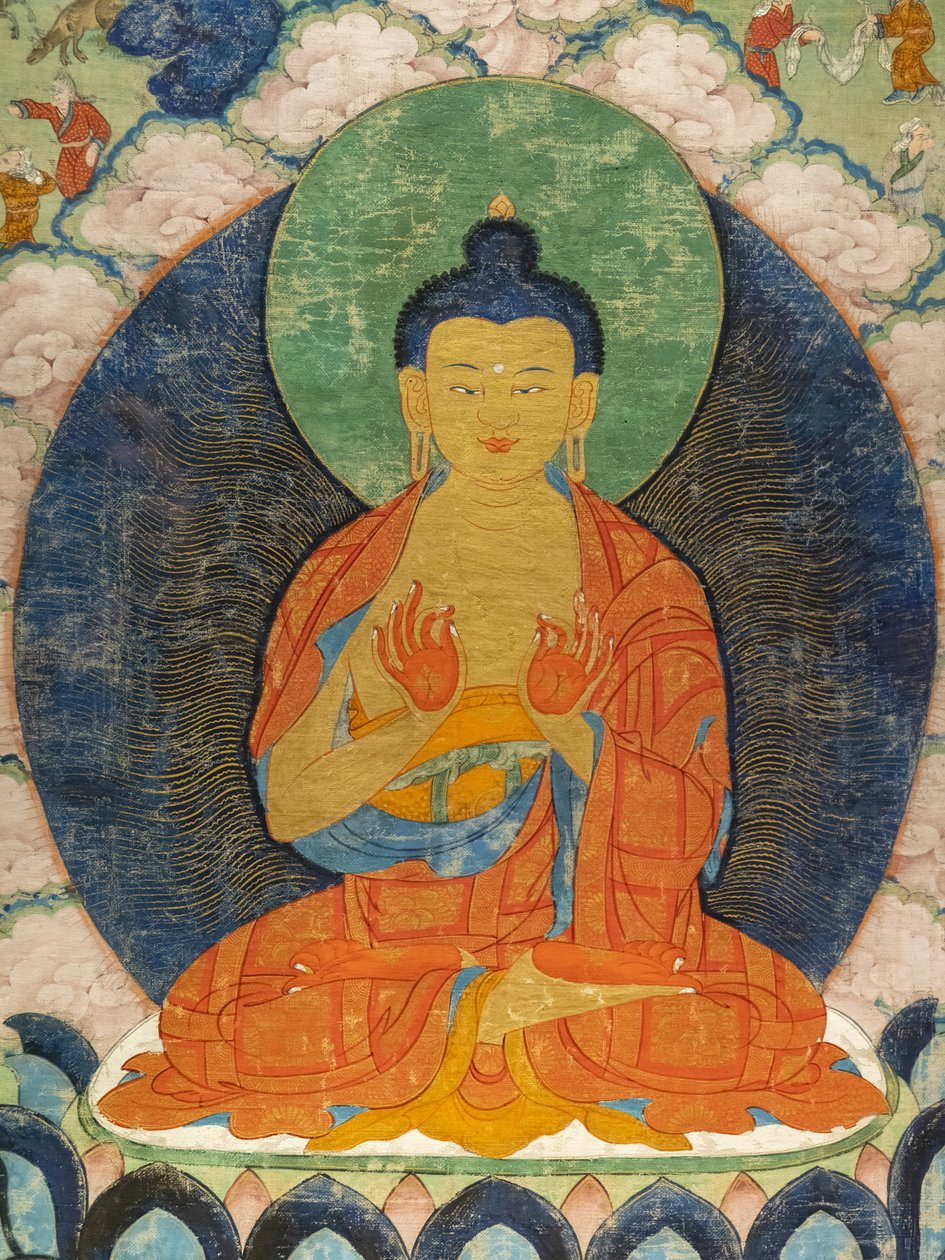 Buda e Três Jakata: Mahakapi, Ruru, Shaabhamiga de Tibetan School