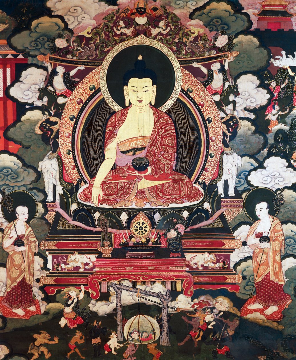 Buda sentado entre seus dois grandes discípulos Cariputra e Maudgalyayana, cenas da Vida de Buda Sakyamuni, civilização tibetana de Tibetan School